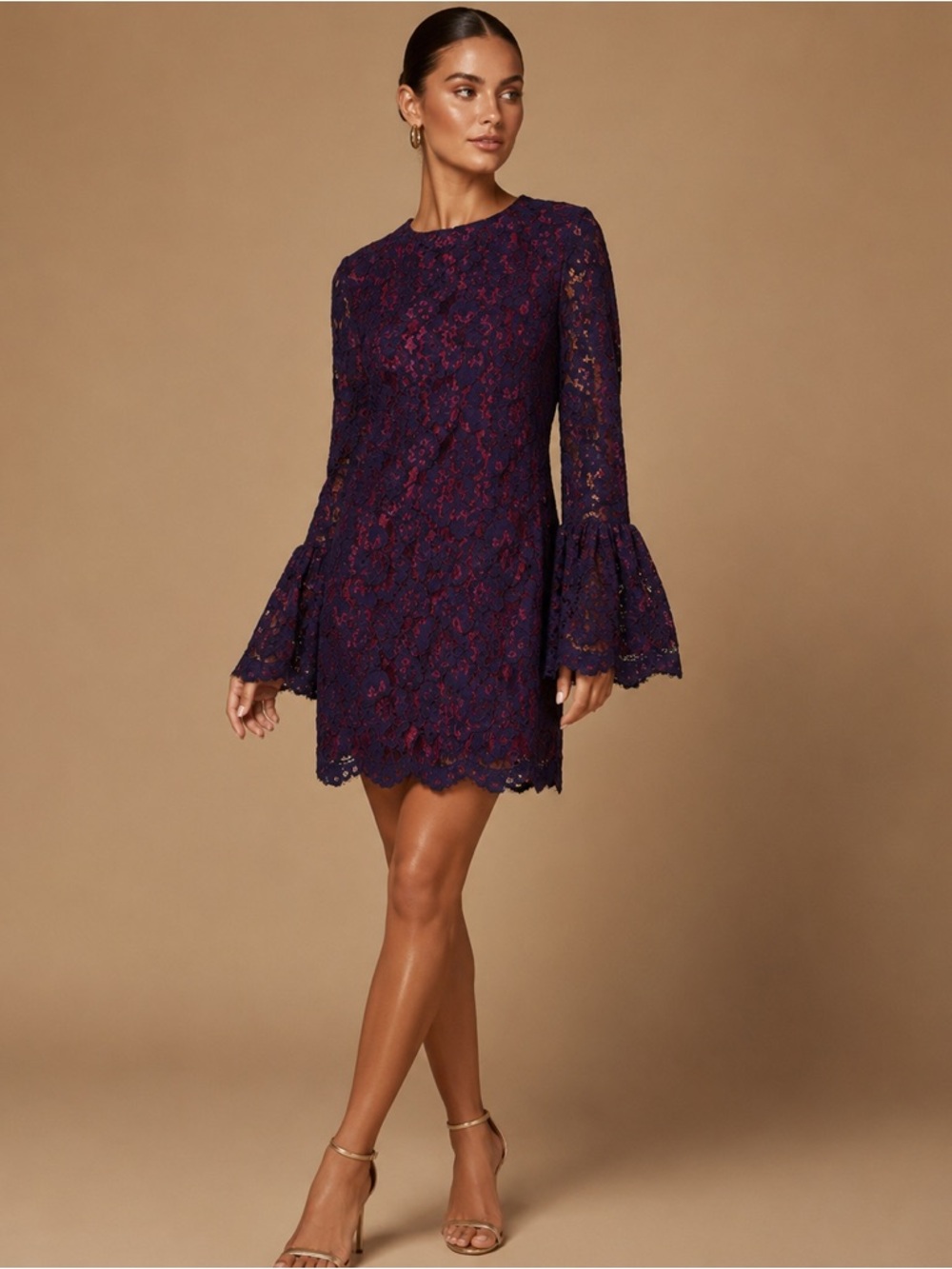 WAYF Scalloped Lace Navy Blue Wine Merrick Flare Sleeve Bow Dress NWT XSmall